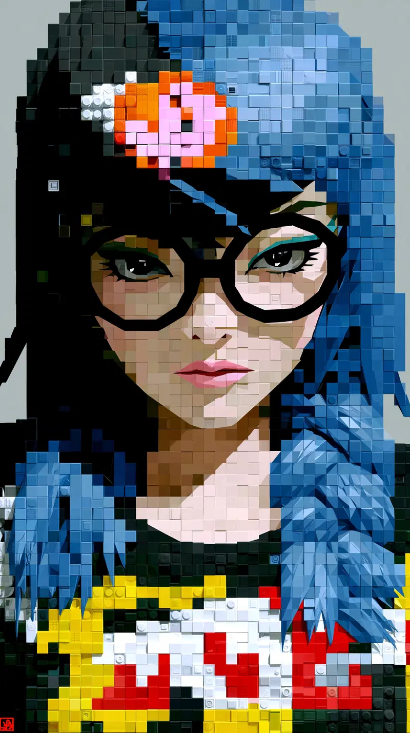Urban Woman with Blue Hair and Glasses in Anime Style