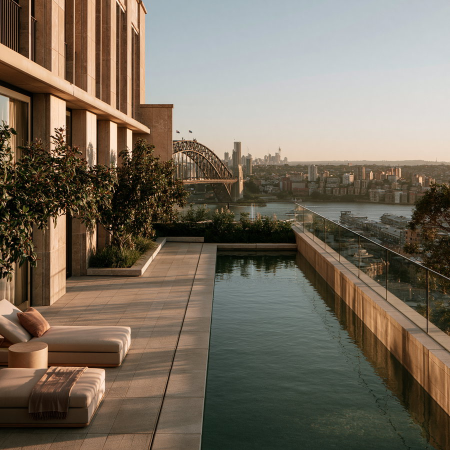 Closeup of a pool area overlooking Sydney Harbour Bridge and skyline during sunset with warm golden lighting.