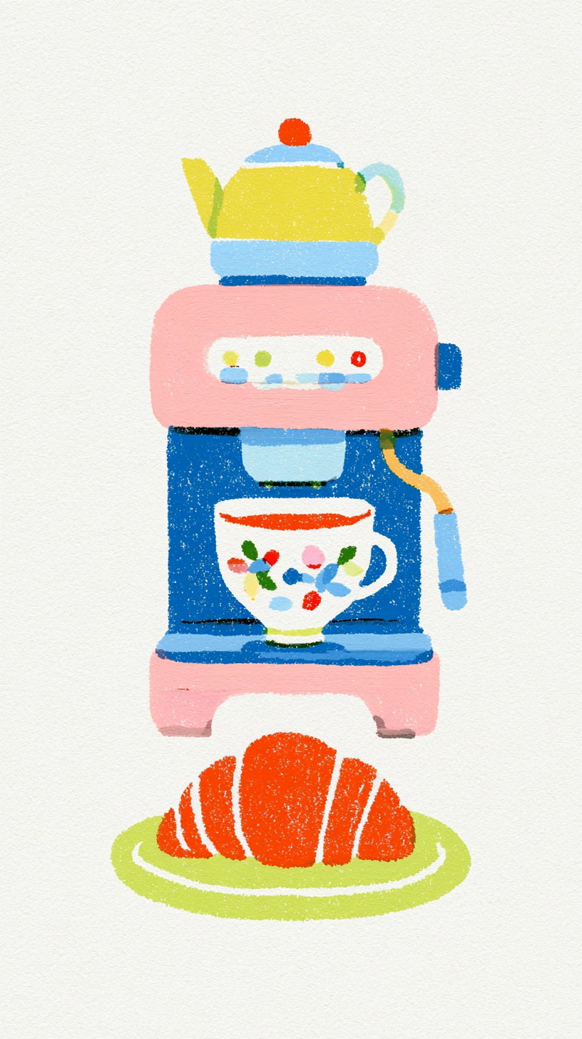 A cartoon-style illustration of a pink coffee machine, a colorful cup, and a croissant on a green plate against a clean white background.