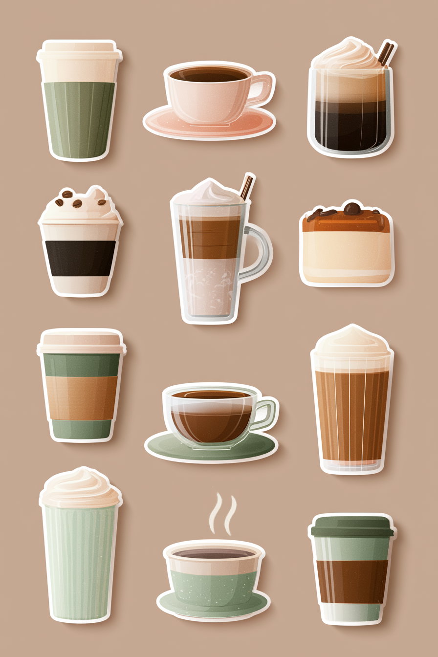 A collection of various coffee stickers featuring different cup styles and designs, including lattes and iced coffees, isolated on a light background.