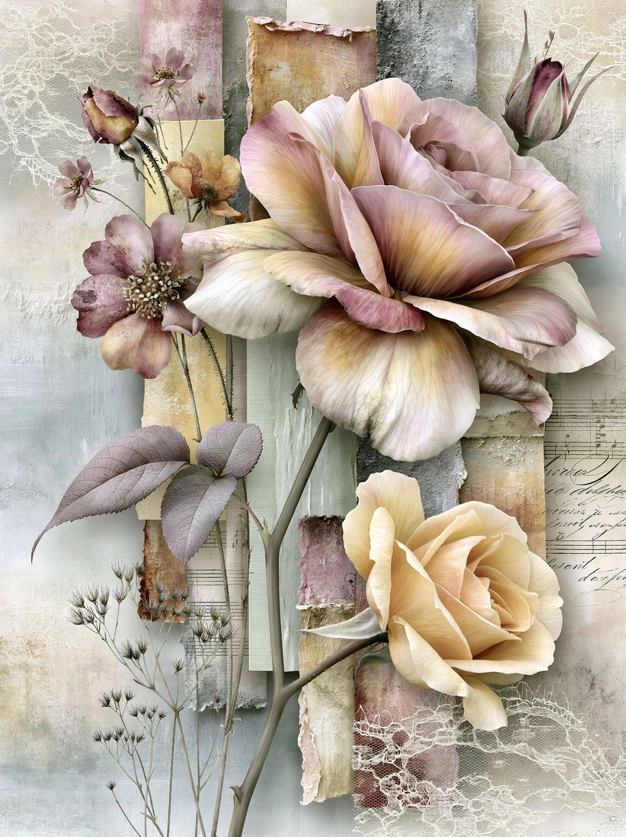 A collage featuring pastel paper strips in yellow, light green, and soft light blue, overlayed with lace, alongside realistic soft yellow and pink roses.