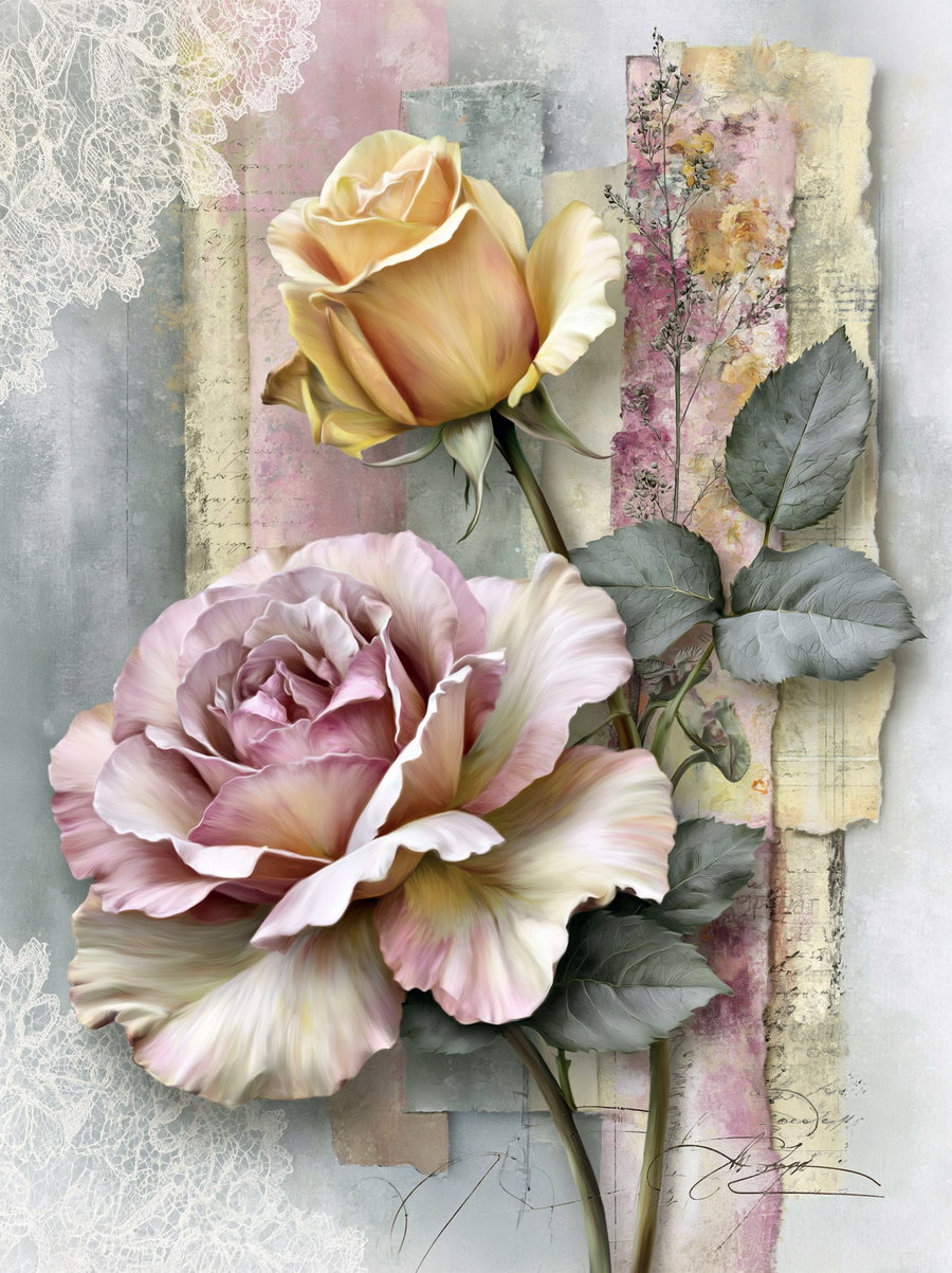 A collage of pastel paper strips in yellow, light green, and soft blue, featuring a pink and yellow rose with leaves, complemented by a faint lace overlay.