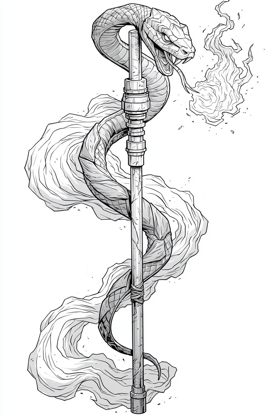 A black and white line art illustration of a serpentine snake wrapped around a staff, emitting magical energy waves, set against a pure white background.
