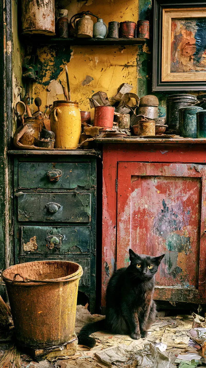 Charming Black Cat in a Colorful Artist's Studio Setting
