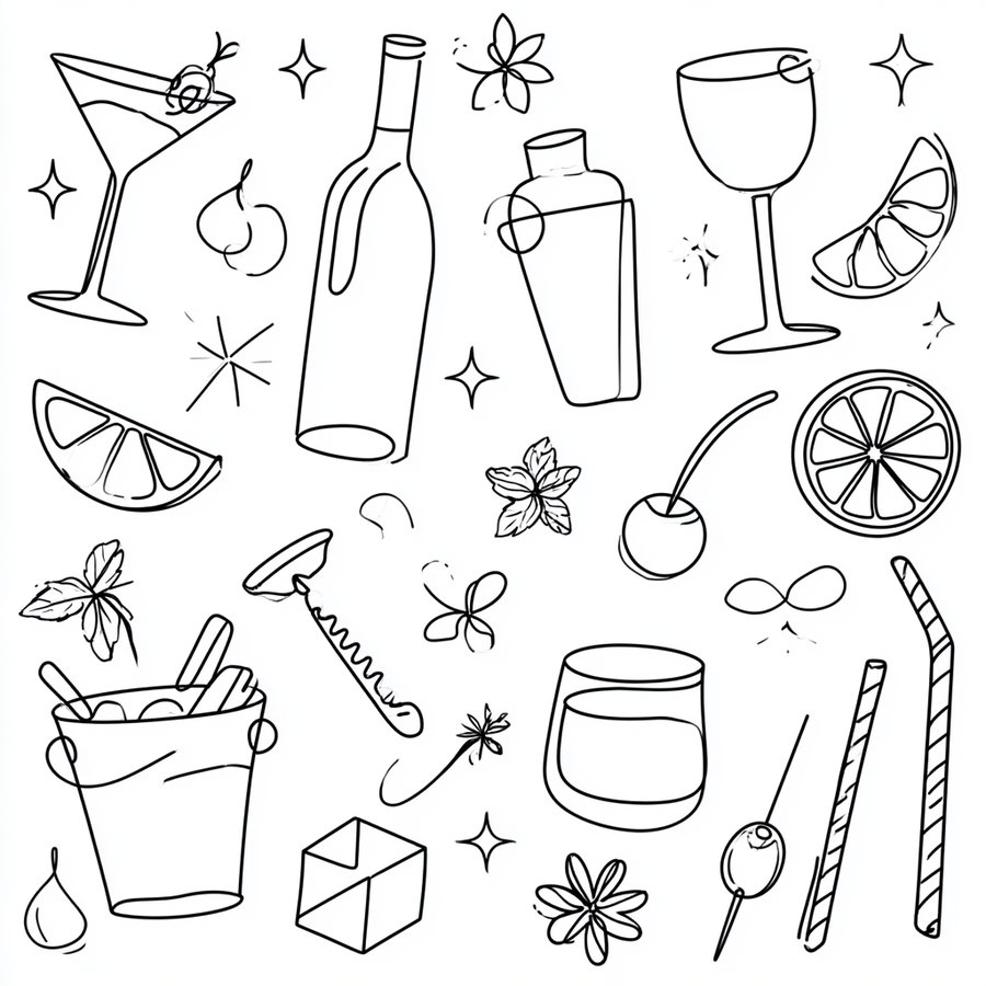 A collection of cocktail and bar elements illustrated in a continuous black line drawing style, featuring a martini glass, wine bottle, cocktail shaker, coupe glass, lime wedge, ice bucket with tongs, corkscrew, orange slice, rocks glass, cherry, mint sprig, striped straw, ice cube, olive, small flower, and scattered stars.