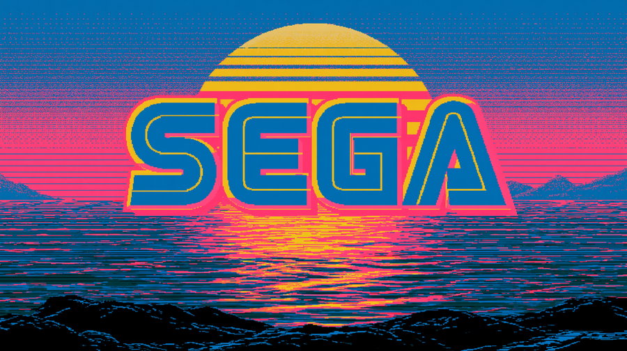 A colorful retro logo reading 'SEGA' with a sunset in the background, featuring bright shades of orange, pink, and blue over a stylized ocean landscape.