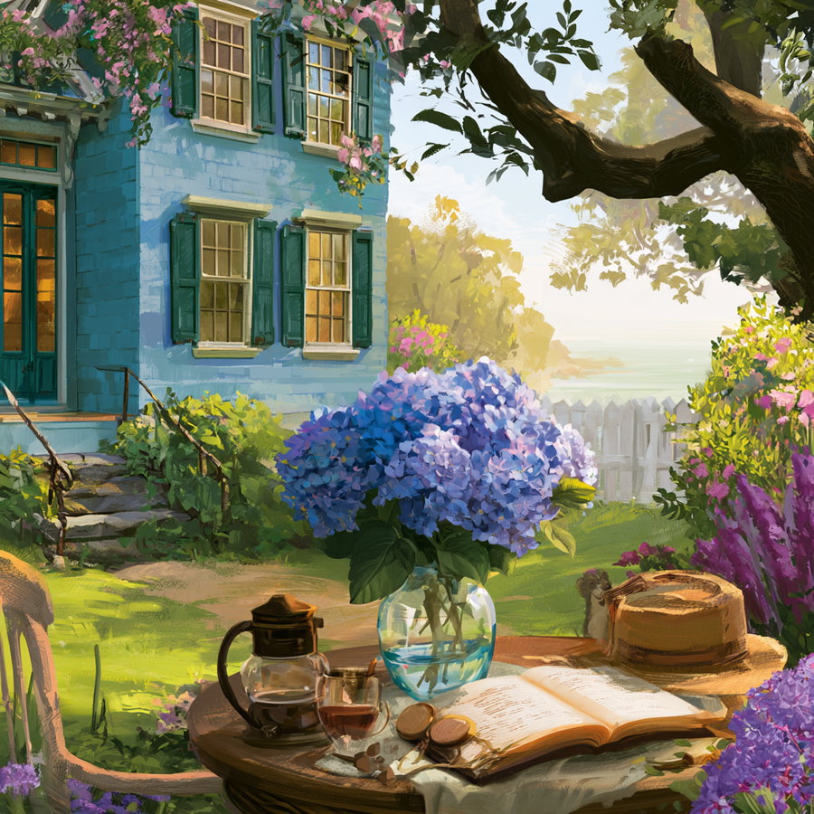 A cozy scene featuring a blue cottage surrounded by flowers, a table with a book and tea, and a sunny garden.