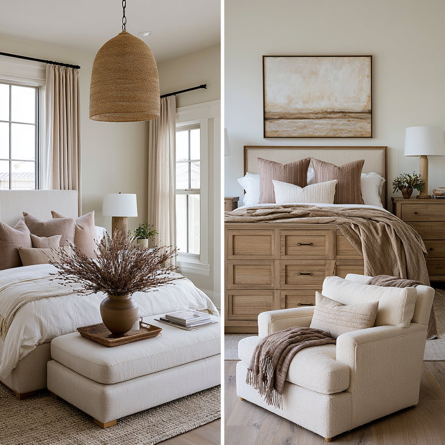 A cozy bedroom featuring a bed with multiple throw pillows, a woven pendant light, and a neutral color palette. There is a small decorative table with a vase and a plush armchair in the corner.