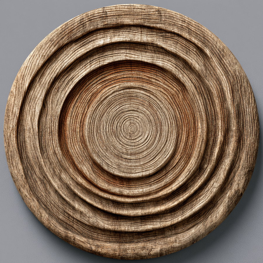A circular wood texture displaying intricate grain patterns and rings.