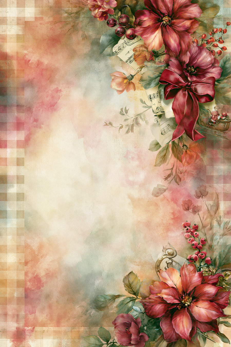 A soft, blended panel featuring warm Christmas colors with a red and cream gingham pattern, floral elements, sheet music, and trinkets.