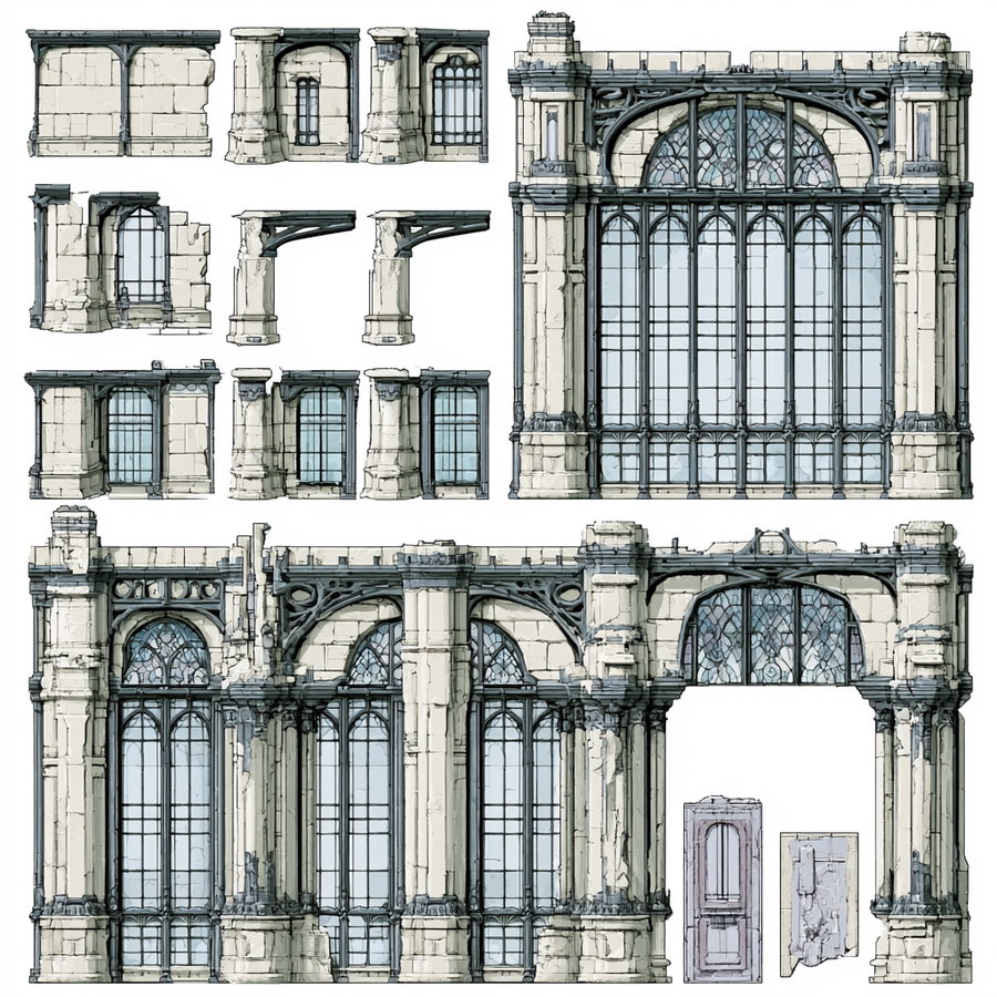 A top-down 2D sprite sheet of railway station wall tiles. Features grand Italian Gothic architectural elements like arches, pillars, and large framed windows. The tiles display pale aged limestone textures, dark iron accents, and stained glass designs, with a focus on seamless connections and high detail.