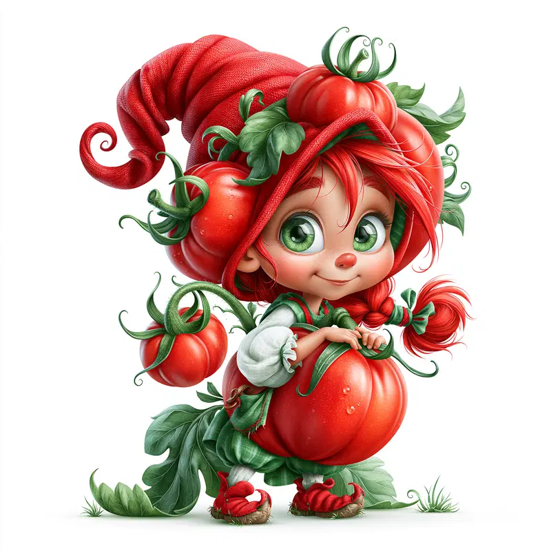 Vibrant Gnome Girl Surrounded by Tomatoes in Clean Vector Style