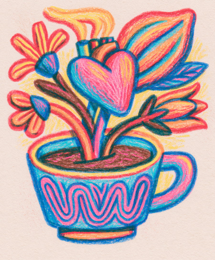 A vibrant hand-drawn illustration of a cup with colorful floral elements and a heart-shaped steam. The cup features intricate line designs and is filled with chocolate, while the heart emanates cocoa fruit and flowers.