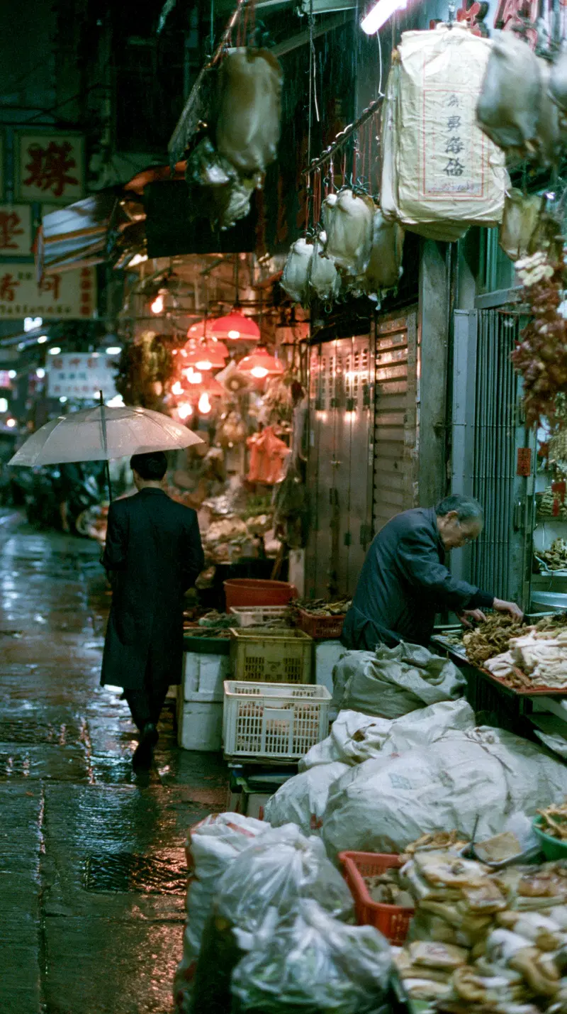 Atmospheric Night Scene in Sheung Wan with Dried Seafood Shops