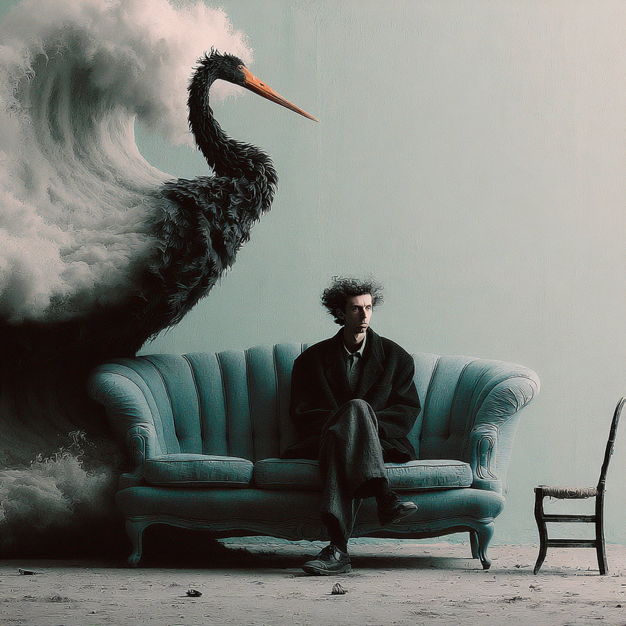 A man seated on a teal sofa with an enormous wave crashing beside him and a large bird perched nearby.