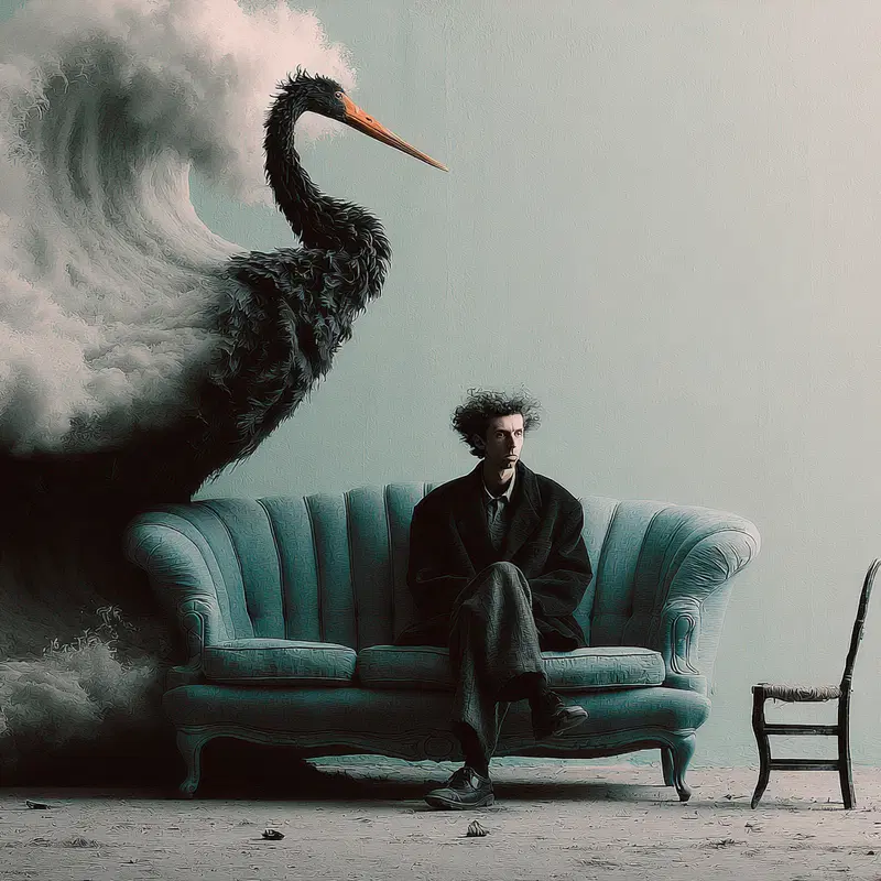 A Surreal Scene of a Giant Wave Mixing with a Sofa and a Bird