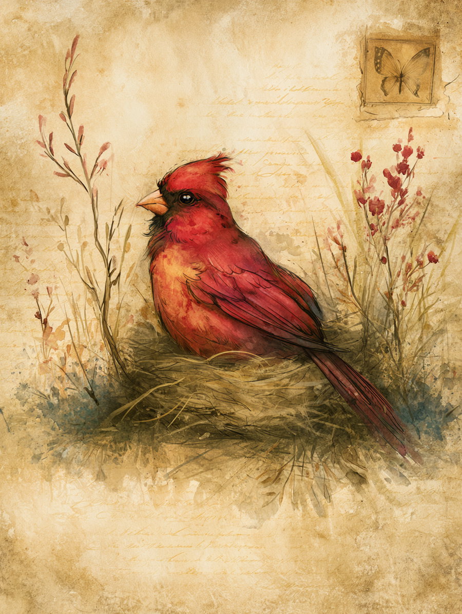 A vintage watercolor illustration of a cardinal sitting in a nest, surrounded by soft plants and an old letter in the background.