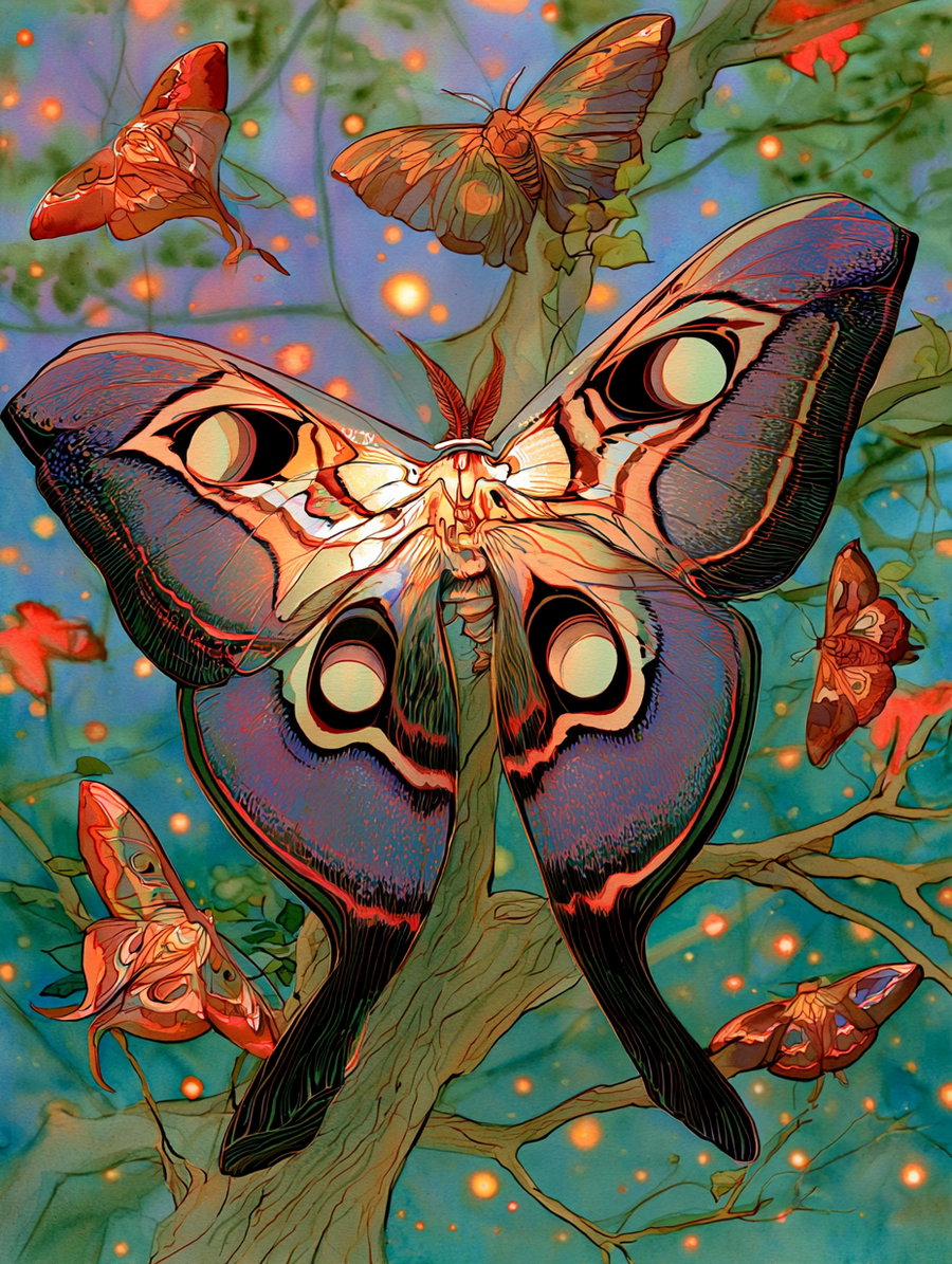 A vibrant watercolor painting depicting various moths flying around a celestial forest with magical lighting and ethereal colors.