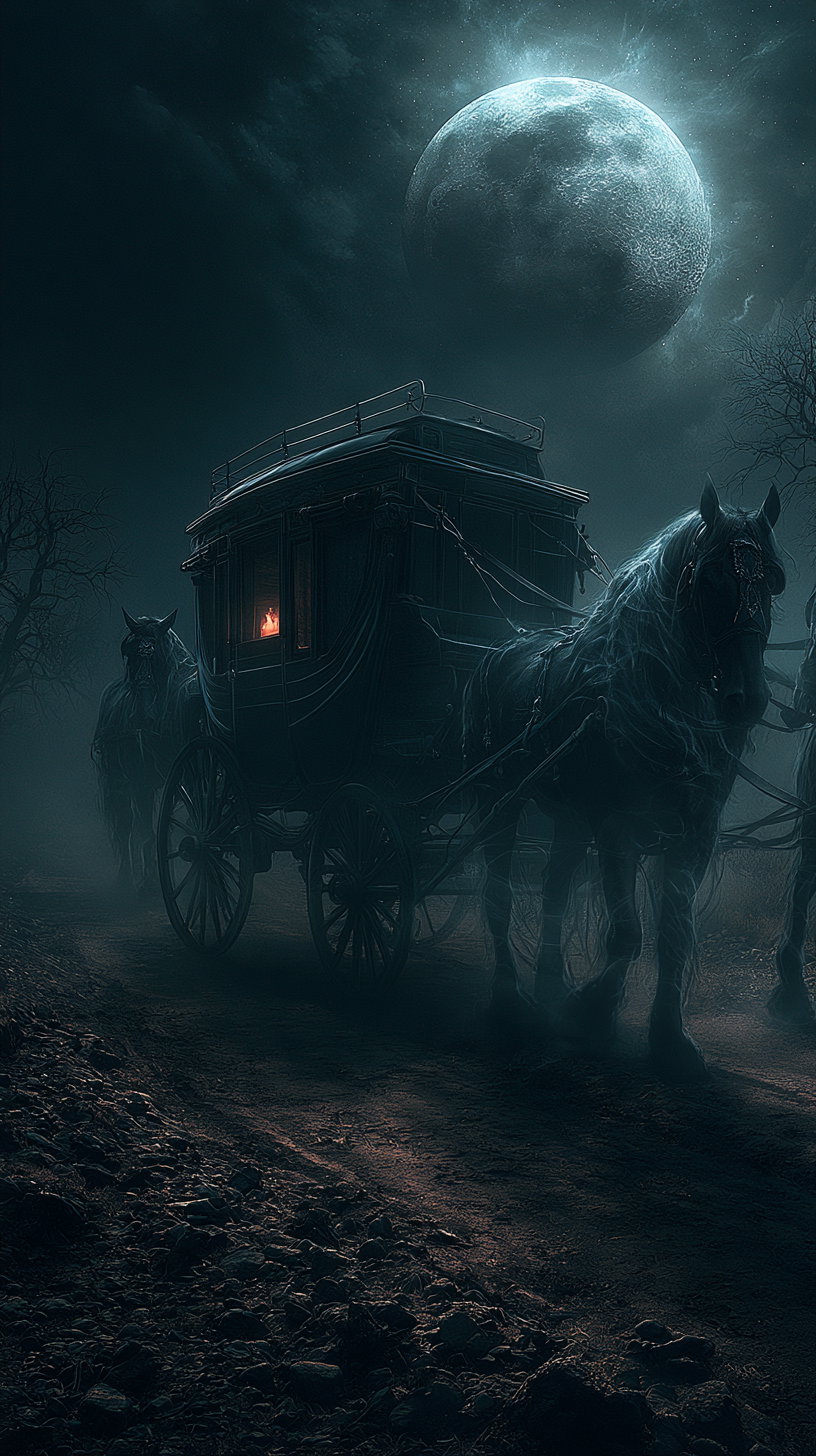 A black horse-drawn funeral wagon with a reflective surface being pulled by two ghostly horses down a rocky road at night, illuminated by moonlight.
