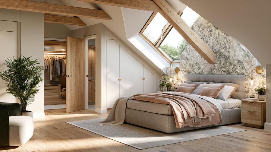 A modern master suite featuring sloped ceilings, wood flooring, a bed with neutral bedding, a walk-in wardrobe, and a botanical wallpaper. Warm earthy tones and brass accents enhance the cozy atmosphere.
