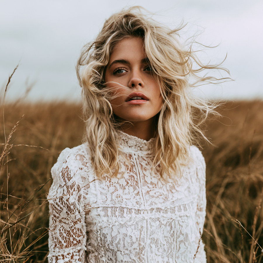 A blonde girl with natural hair and makeup stands in a field of tall grass, wearing a lace top that has a slightly grunge aesthetic, with wind tousling her hair.
