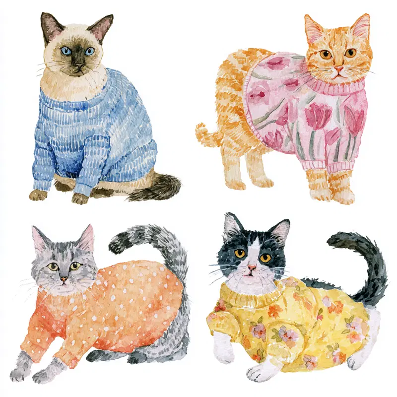 Adorable Cozy Sweater Cats Watercolor Clipart Illustrations