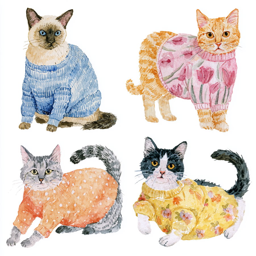 Four full-body cats wearing cozy sweaters in separate quadrants: a Siamese in blue stripes, an orange tabby in pink tulips, a gray tabby in orange polka dots, and a black and white cat in yellow flowers, all on a white background.