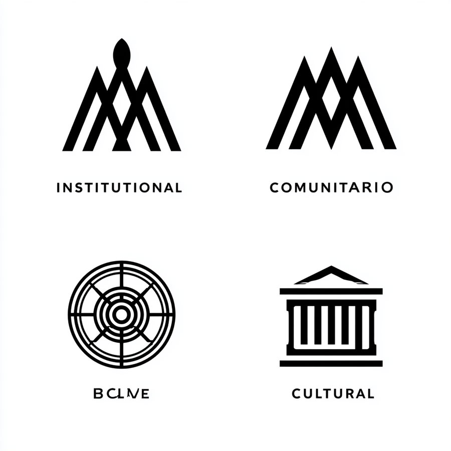 Four black icons on a white background representing different segments: an abstract structure for Institutional, a network design for Comunitario, a circular tech symbol for Tecnológico, and a classical column for Cultural, each with segment names below.