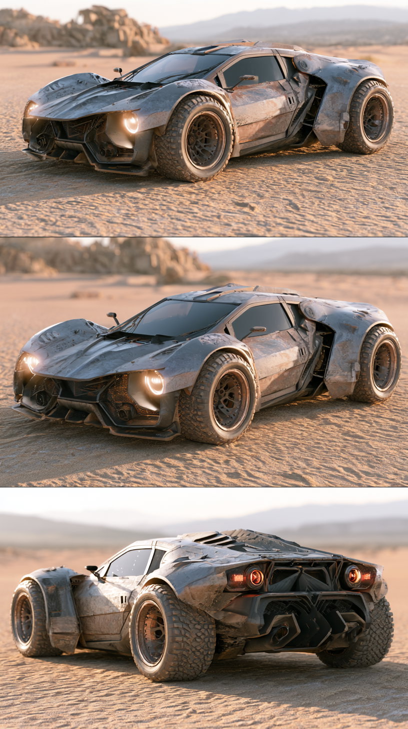 A sleek, futuristic car with a rugged design, featuring light accents, positioned on a sandy desert terrain with distant rock formations.
