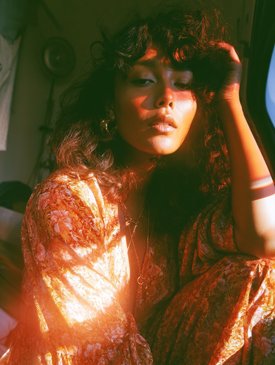 A woman with curly dark brown hair and a floral patterned outfit, illuminated by warm light, posing gently with a soft expression in a cozy indoor setting.
