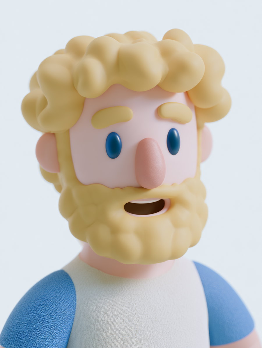 A 3D cartoon rendering of a smiling boy with blonde curly hair and a beard, featuring blue eyes and a light-colored shirt, against a white background.
