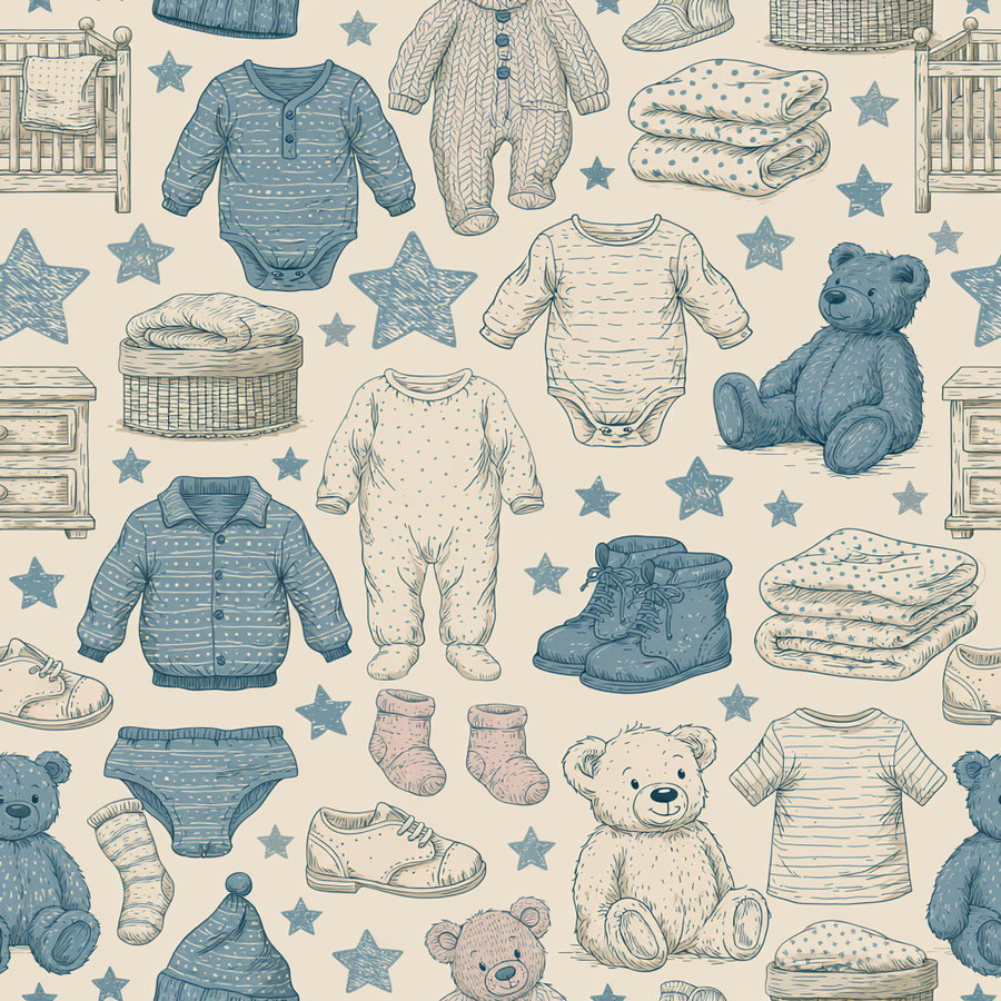 Seamless pattern featuring blue and tan baby clothes, teddy bears, and stars.