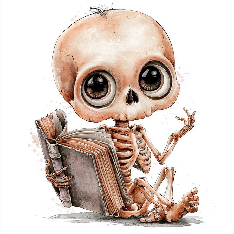 A cute baby skeleton with an oversized skull and large eyes, sitting and holding an old spellbook, casting a spell with a focused expression, in a watercolor sketch style on a white background.