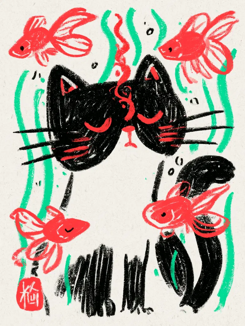 Cute Cat Surrounded by Playful Red Goldfish