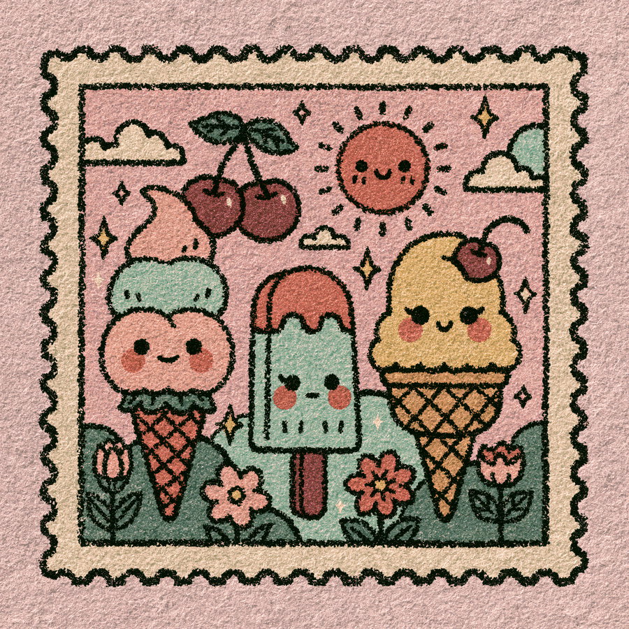 A cute Japanese-inspired summer postage stamp featuring colorful ice cream cones, popsicles, cherries, smiling sun, tiny clouds, flowers, sparkles, in a pastel color palette.