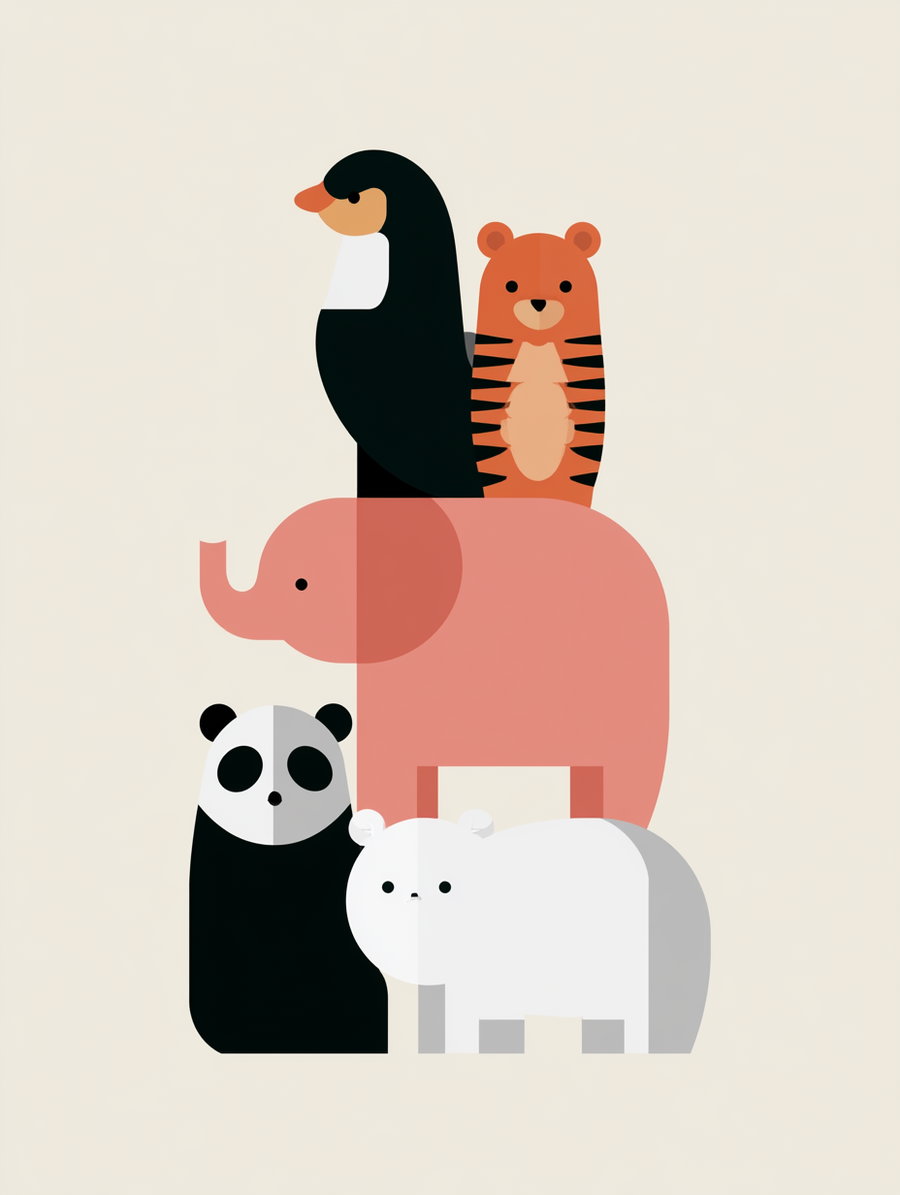 A stack of cute, minimalist cartoon animals including a penguin, a tiger cub, an elephant, a panda, and a white bear, all displayed on a plain beige background.