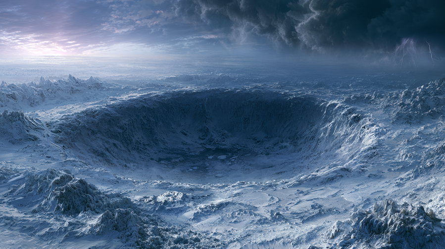 A large, cavernous hole in the icy tundra, surrounded by snow and ice, with a distant storm on the horizon illuminating the twilight sky.