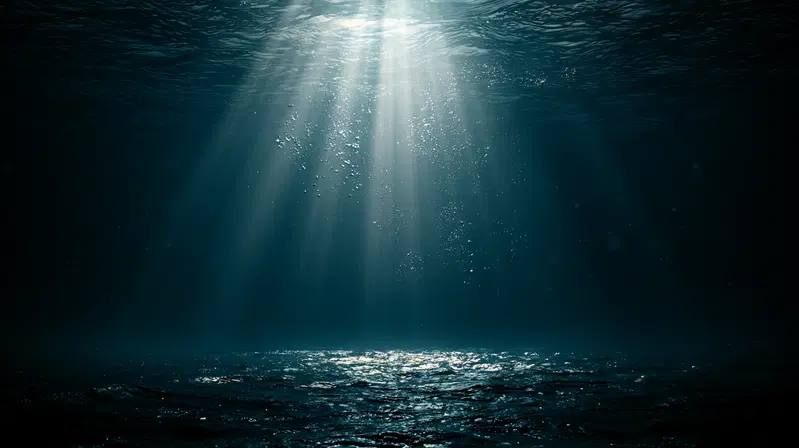 Cinematic Deep Underwater Scene with Soft Light Rays and Bubbles