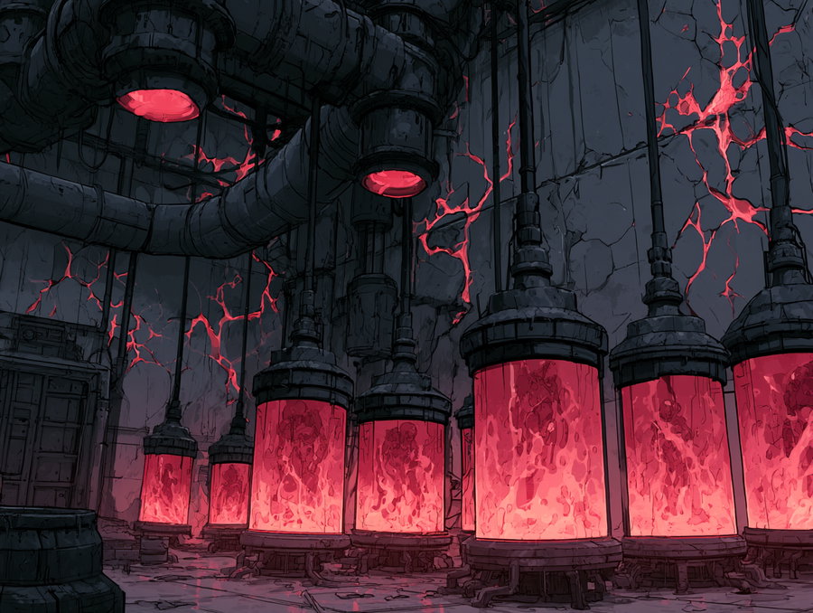 A dark laboratory room with several glass containers glowing red, surrounded by pipes and walls with red cracks.