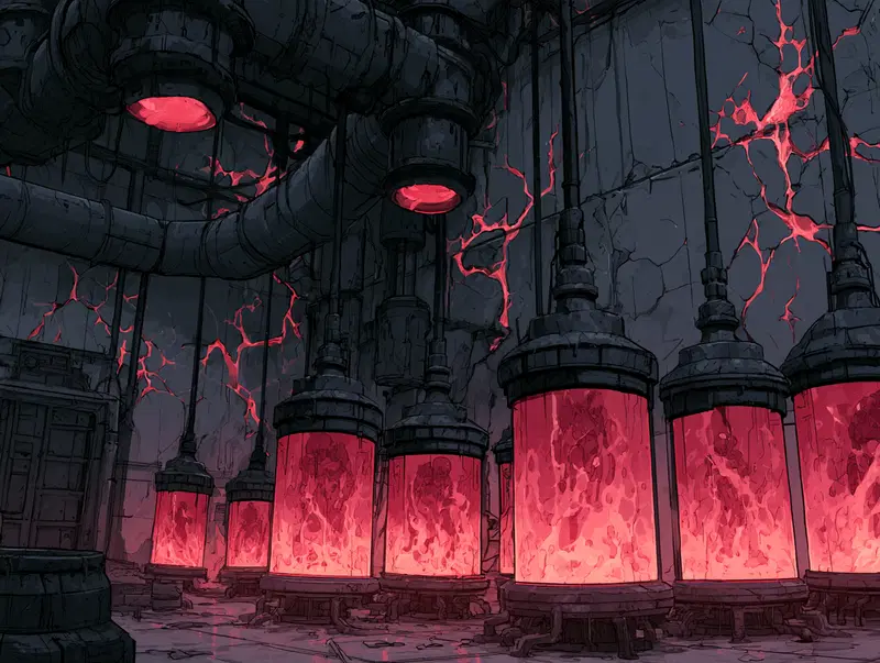 Dark Laboratory with Glowing Containers and Red Cracks in Walls