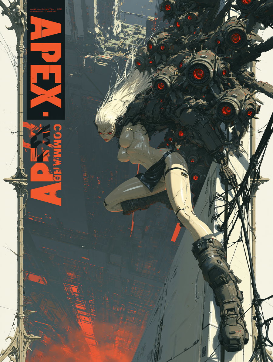 A pale-skinned commander performing a forward lunge on a high-rise balcony, wearing a high-cut patent bodysuit, surrounded by mechanical insect drones with glowing red optics, against a dense industrial cityscape with red neon haze.