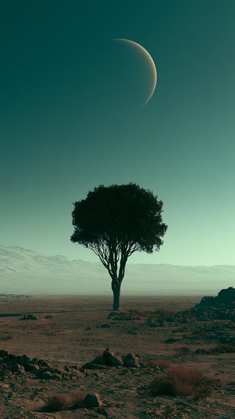 A vast desert landscape featuring a single tree silhouetted against a twilight sky, with a crescent moon visible above and distant mountains in the background.