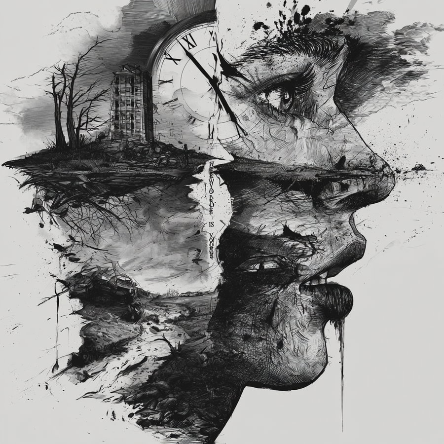 A detailed monochrome tattoo design illustrating a face profile with an incorporated clock and landscape elements, symbolizing success and failure.
