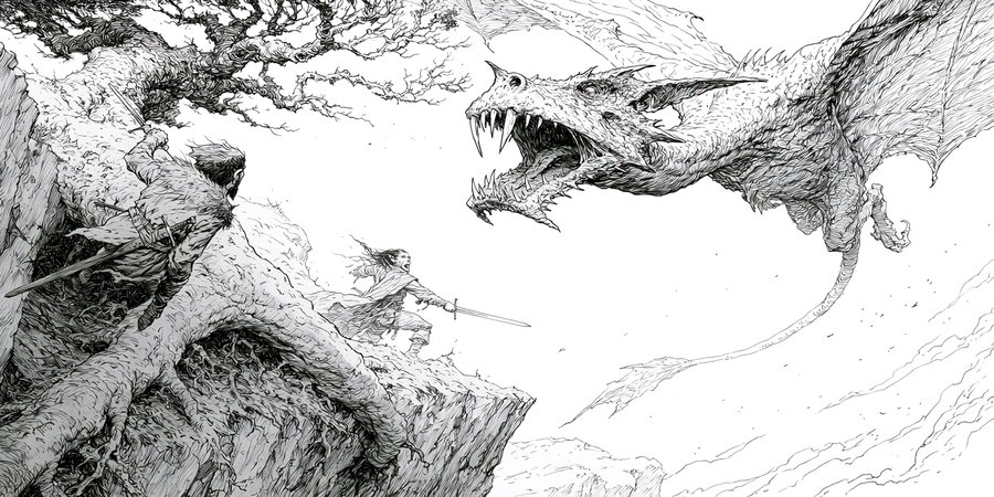 A detailed ink sketch of a swordsman on a cliff edge holding a sword, facing a flying monster with a long neck and bat-like wings.