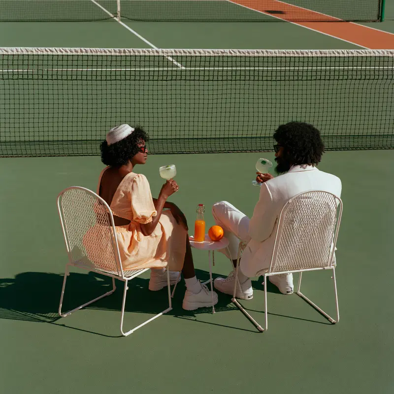 Couple Enjoying Margaritas on a Tennis Court