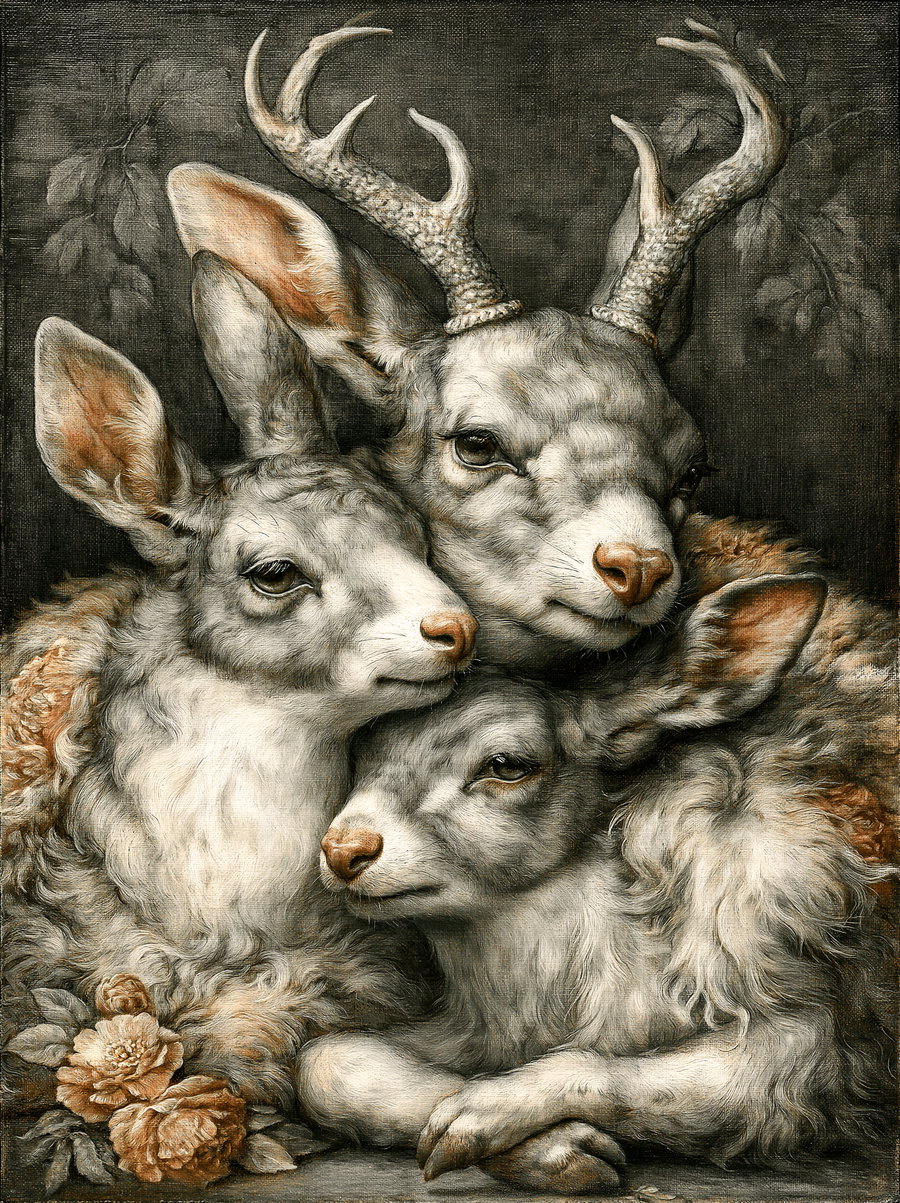Three deer and rabbits with detailed fur and antlers on a dark background