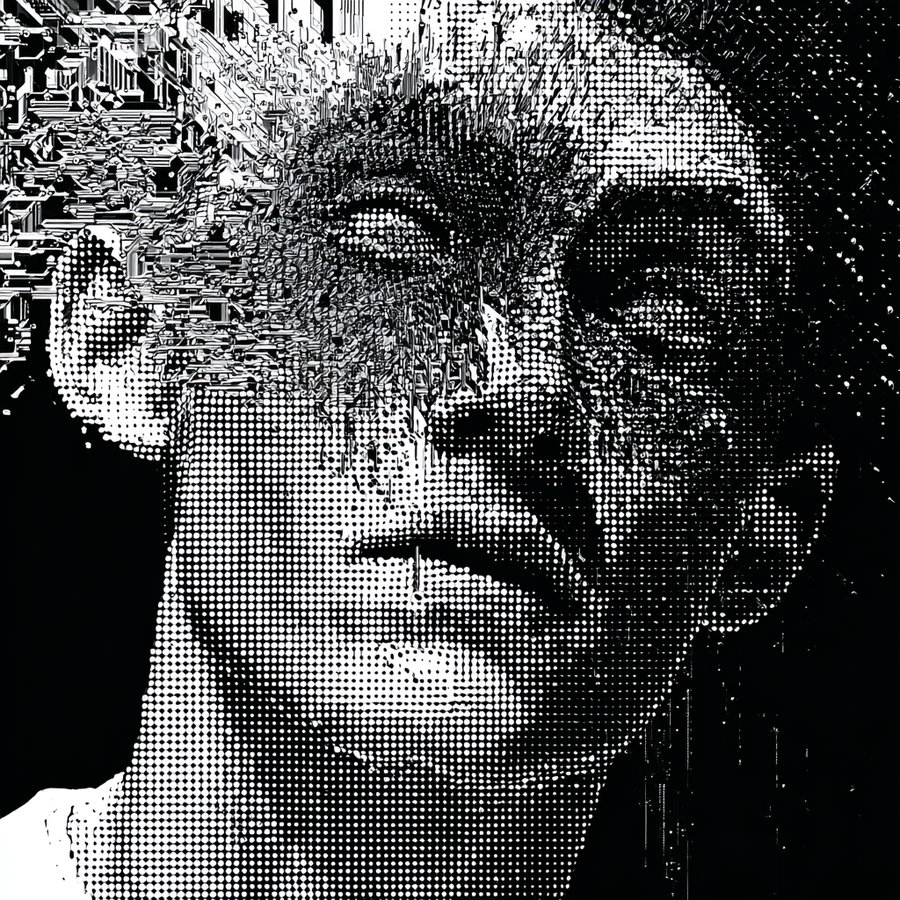 An abstract black and white portrait of a face created using a dot matrix design, featuring geometric distortion and a fragmented aesthetic.