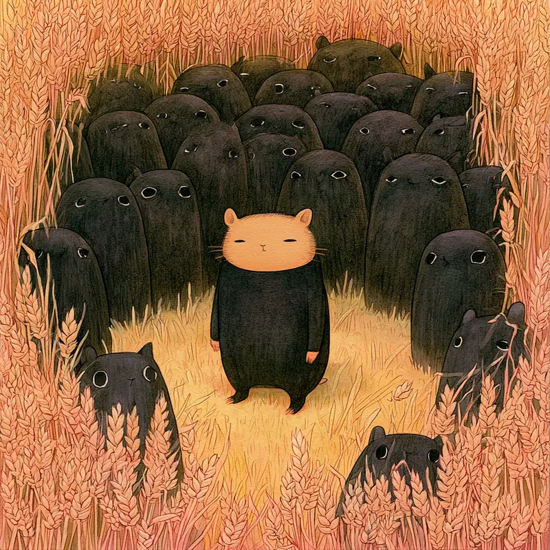 Hamster Surrounded by Mysterious Creatures in a Wheat Field