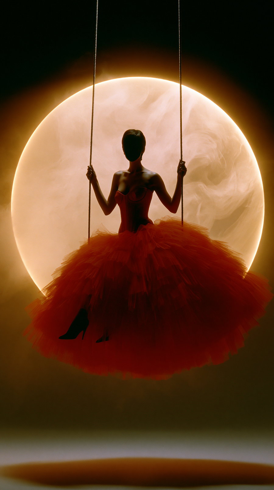 Silhouette of a model on a swing wearing a red tulle gown, with a large glowing circular light behind, surrounded by swirling light and deep darkness.