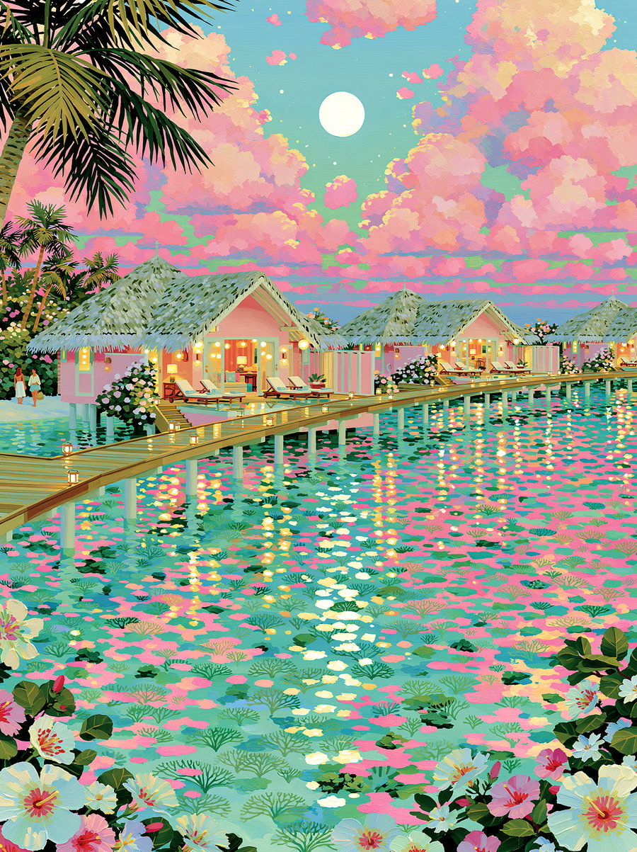 Close view of thatched-roof villas over turquoise lagoon, surrounded by palm leaves and tropical flowers, with a pastel pink sunset and round glowing sun reflecting on the water.